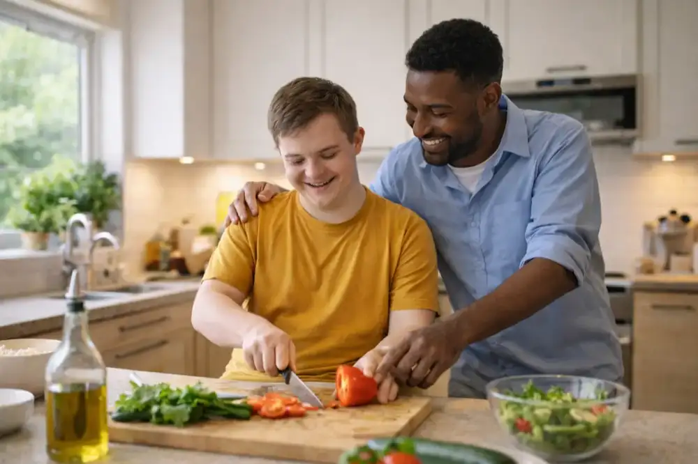 A support worker and a client sit together at a table with documents, collaboratively planning the client's care.