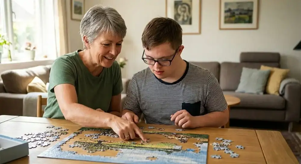 A smiling client receiving one-on-one support at home from a local carer they chose.